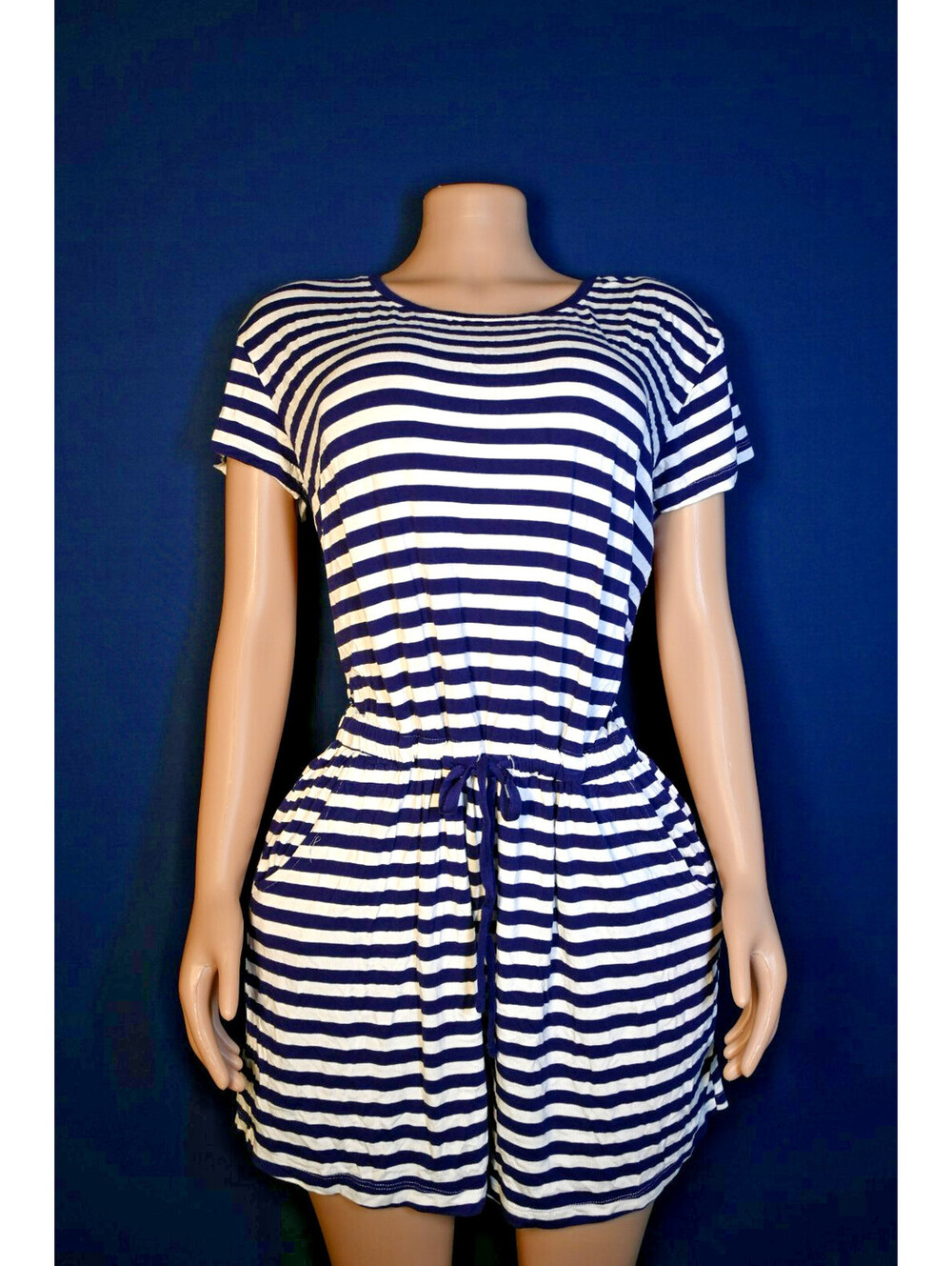Alex's Lemonade Syand Women's Short Sleeve Striped Romper Large Blue & White